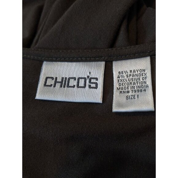 Chicos Size 1 US S 8 Womens Brown Sequin Front T Shirt Long Sleeve Stretch - Picture 6 of 6